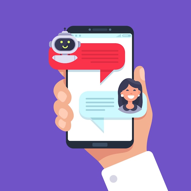 Vettore telefono cellulare in chat con chat bot