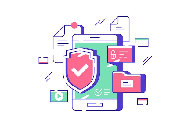 ベクトル 携帯電話のデータセキュリティの図。保護下のスマートフォンフラットスタイル。個人情報へのクローズドアクセス。技術コンセプト。孤立