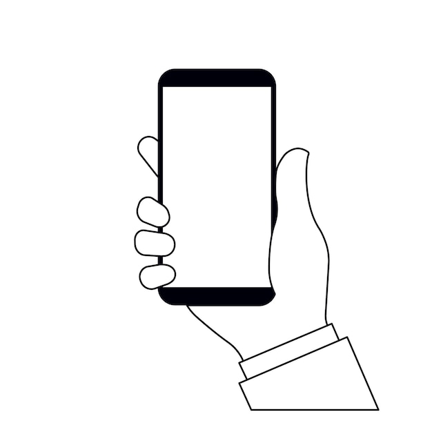 Mobile phone in hand vector illustration black and white icon