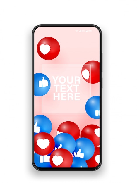 Vettore mi piace del telefono cellulare e illustrazione realistica del cuore. vista frontale dello smartphone nero. concetto di app di social media. smm, blog. telefono con illustrazione simile e cuori