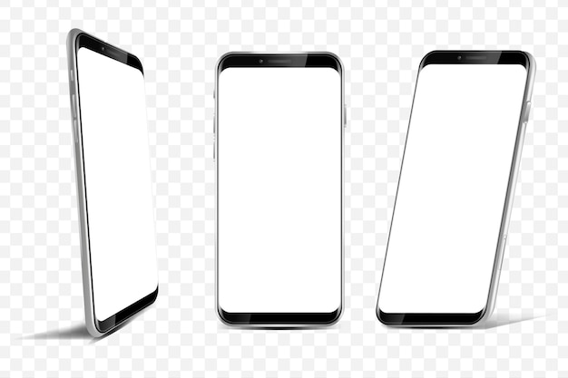 Мокап мобильного телефона 3d в реалистичном дизайне Комплект шаблона презентации смартфона универсальное устройство с пустым экраном под разными углами зрения изолированные реалистичные элементы Векторная иллюстрация