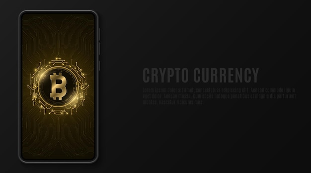 Mobile phone mockup with golden bitcoin on touch screen.