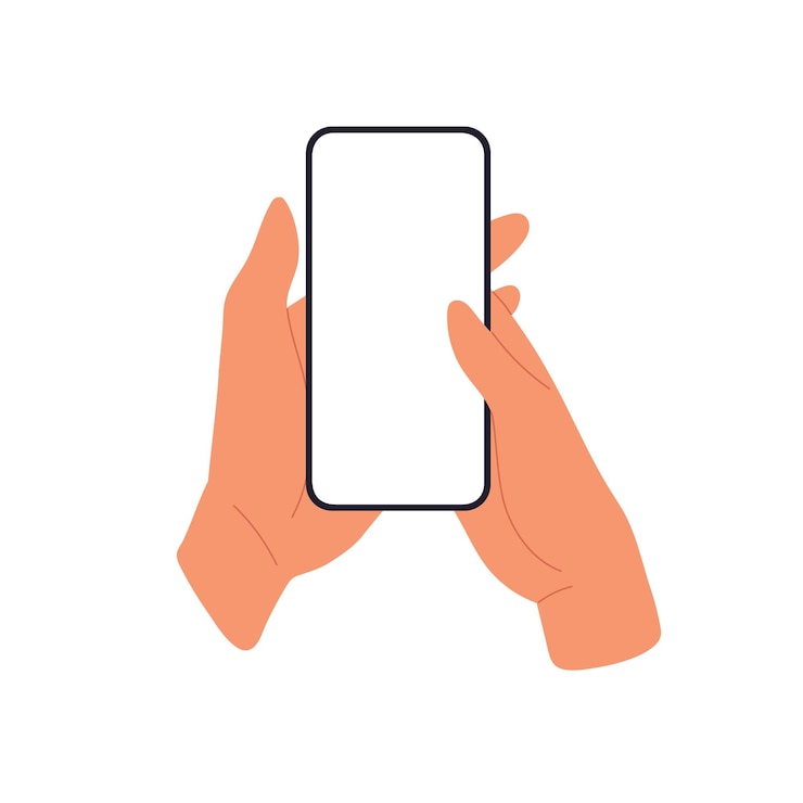 Vector mobile phone screen mockup in hand thumb scrolling smartphone display flat vector illustration