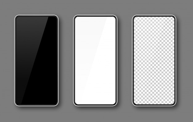 Mobile phone screen, smartphone mock up, black, white, transparent display template, white frame.