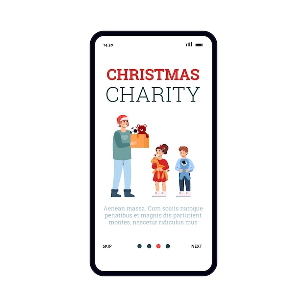 Mobile phone screen with volunteer giving holiday christmas gifts to poor kids