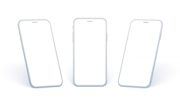 Vector mobile phone side view set. white smartphone collection in different angles and in perspertive point. abstract device with empty screen for showing app design or website.