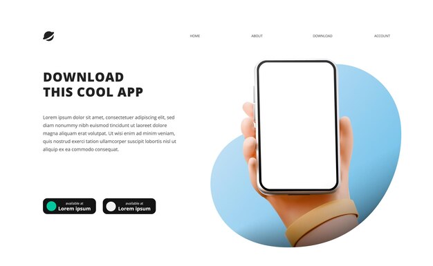 벡터 휴대 전화 스마트 폰 다운로드 버튼 템플릿 3d 만화 귀여운 손으로 휴대 전화를 들고