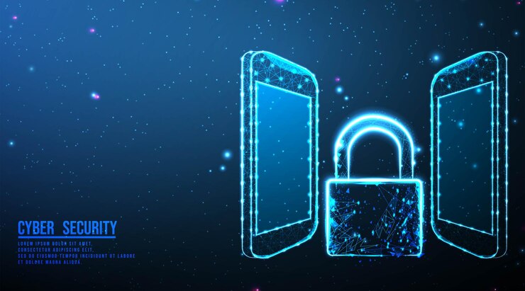 Vector mobile phone smartphone and padlock lock keyhole security concept from connecting dot and line vector illustrationfuturistic design on dark blue background