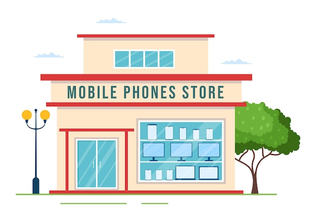 Шаблон магазина мобильных телефонов нарисованная вручную мультяшная плоская иллюстрация с моделями телефонов и аксессуарами