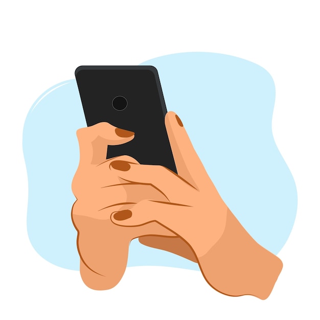 Mobile phone or tablet in hand, blue background. Icon with vector image of mobile technologies