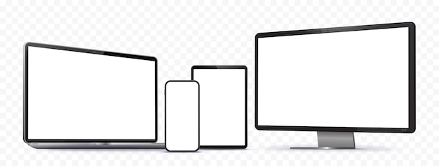 Vector mobile phone tablet pc computer monitor and laptop vector mockup set with transparent background