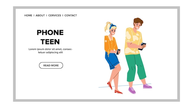 Gli adolescenti del telefono cellulare utilizzano per la comunicazione gli adolescenti del telefono del gadget elettronico di vettore utilizzano per la ricerca di informazioni in internet e la riproduzione di personaggi di videogiochi smartphone web piatto fumetto illustrazione