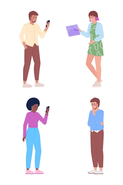 Vector mobile phone users and managers semi flat color vector characters set