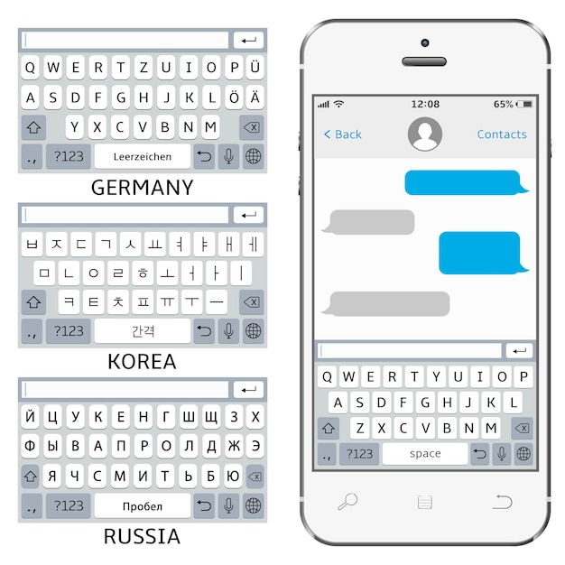 英語、韓国語、ドイツ語、ロシア語の携帯電話仮想キーボード