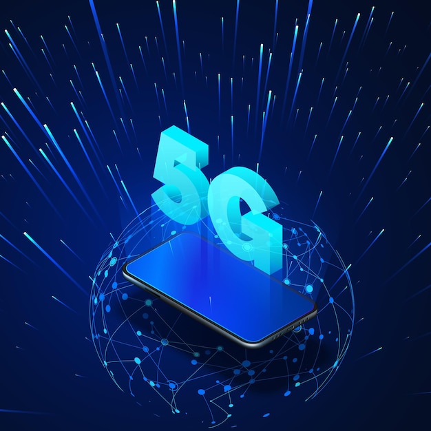 Mobile phone with 5g hologram and global network isometric banner