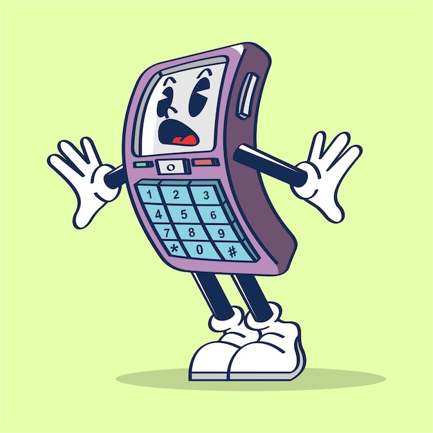 Mobile Phone with Cute Face Get Shocked Cartoon Character Hand Drawing Vector Vintage Style