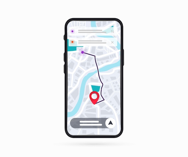 Мобильный телефон с цифровой картой gps-навигации с точечным приложением gps-навигации на экране смартфона