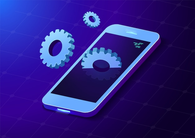 Mobile phone with gears. gears out from screen. isometric style.  illustration.