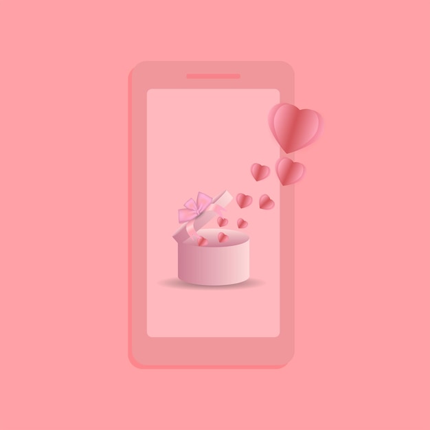 Mobile phone with gift box and flying hearts