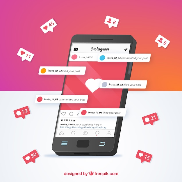 Mobile phone with instagram post template and notifications