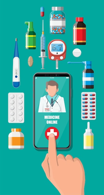 mobile phone with internet pharmacy shopping app. pills and bottles, medicine online. medical assistance, help, support online. health care application on smartphone. vector illustration in flat style