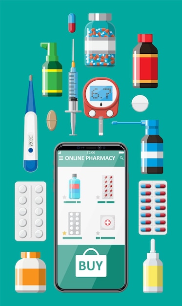 mobile phone with internet pharmacy shopping app. set of pills drugs. medical assistance, help, support online. health care application on smartphone. vector illustration in flat style