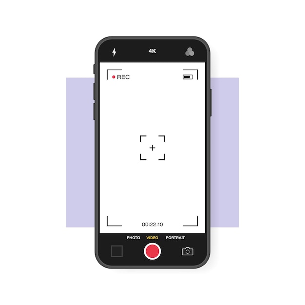 Vettore telefono cellulare con fotocamera da record. modello del mirino. fotogramma di registrazione video con risoluzione del telefono 4k.