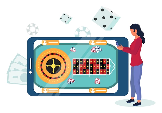 Vector mobile phone with roulette wheel, chips on screen. woman playing casino mobile games online, flat vector illustration.