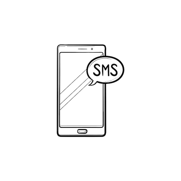 Мобильный телефон с sms пузырь рисованной наброски каракули значок. SMS-чат и общение, концепция текстового сообщения. Векторная иллюстрация эскиз для печати, Интернета, мобильных устройств и инфографики на белом фоне.