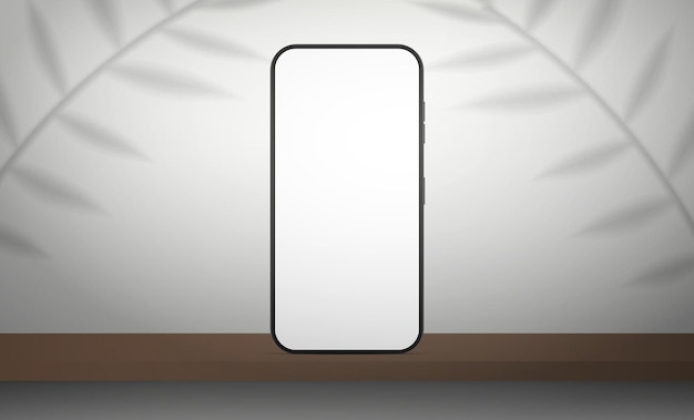 Mobile phone with a white screen white studio with a shelf studio background space with leaves shadows vector realistic style