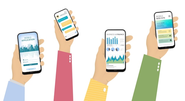 Vettore telefoni cellulari in mano con diverse schermate dell'interfaccia utente dell'app