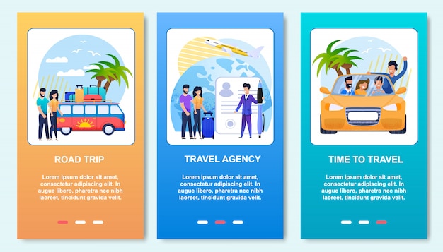 Vector mobile posts cartoon cards summer vacation flat set. road trip, travel agency and car friends journey.