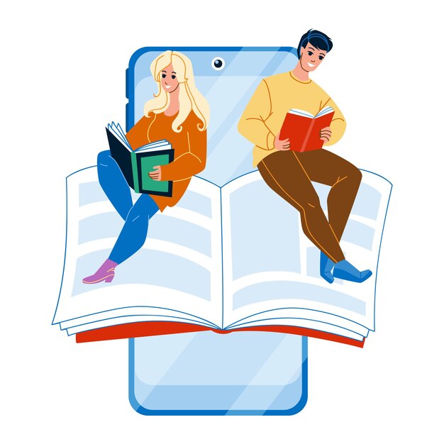 Mobile reading phone. online app. smartphone reading internet media library character web flat cartoon illustration