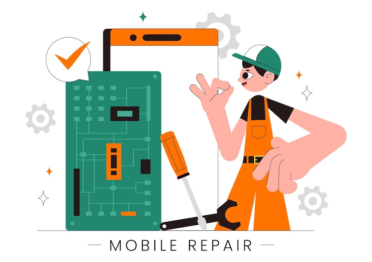 Vector mobile repair vector illustration featuring a telephone or smartphone electronic service with a broken screen and device malfunction in a background