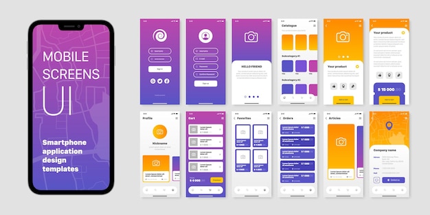 Vector mobile screens set with user interface of smartphone application design templates isolated flat vector illustration