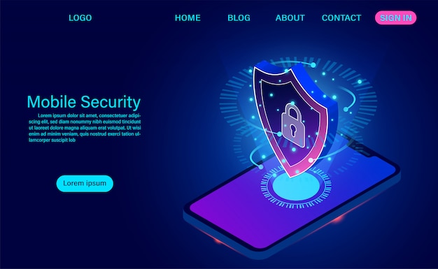 Mobile security landing page protects phone from thefts data and attacks. isometric flat design. Vector illustration