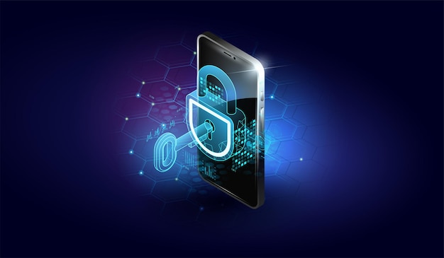 Mobile security modern concept Smart app protects smart phone from thefts and hacker attacks security lock inside technology automatic protection Vector illustration