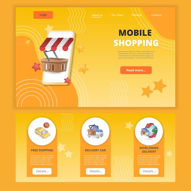 Vettore modello di sito web della pagina di destinazione piatta per lo shopping mobile spedizione gratuita consegna auto web di consegna in tutto il mondo