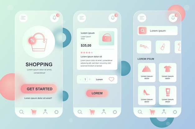 Kit di elementi neumorfici di design glassmorphic per lo shopping mobile per le schermate gui ux dell'interfaccia utente dell'app mobile