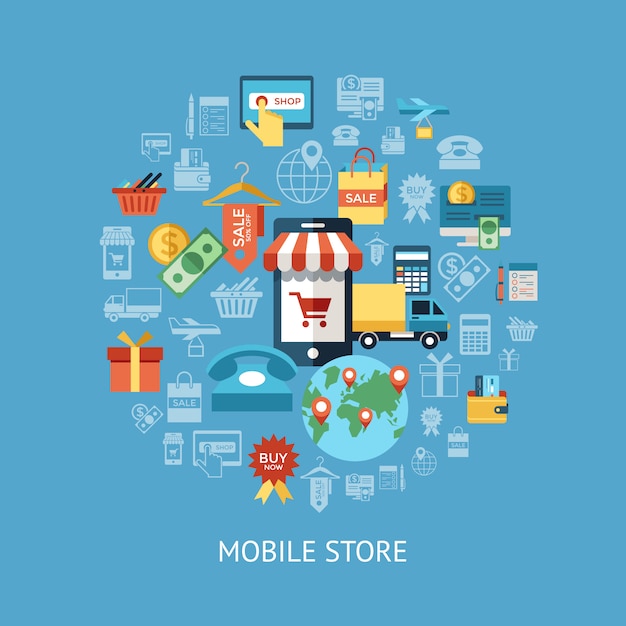Mobile shopping and store icon set