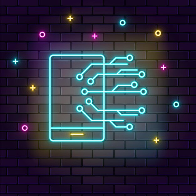 Mobile smart icon neon on wall Dark background brick wall neon icon