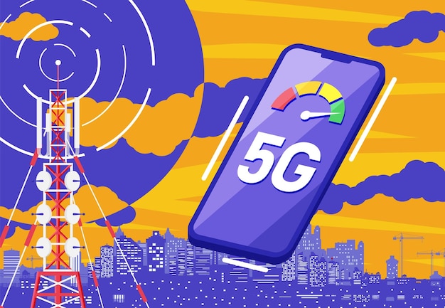 Vettore smartphone mobile e torre di comunicazione 5g