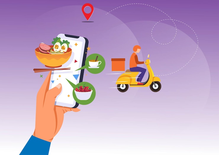 Vector mobile smartphone with food delivery app order food online modern creative data graphic design on the application flat style cartoon illustration vector
