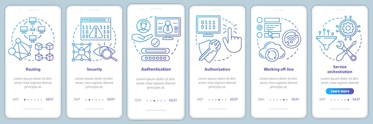 Vector mobile software development onboarding mobile app page screen vector template. app programming. walkthrough website steps with linear illustrations. ux, ui, gui smartphone interface concept