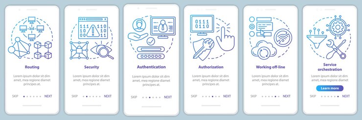 Vector mobile software development onboarding mobile app page screen vector template. app programming. walkthrough website steps with linear illustrations. ux, ui, gui smartphone interface concept