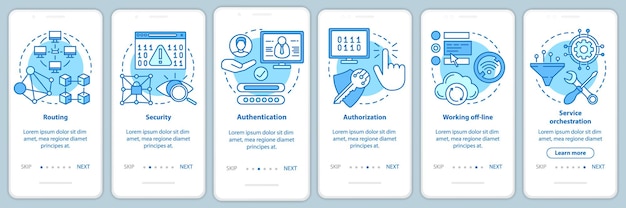 Modello di vettore dello schermo della pagina dell'app mobile onboarding dello sviluppo di software mobile. programmazione dell'app. procedura dettagliata del sito web con illustrazioni lineari. ux, ui, concetto di interfaccia per smartphone gui