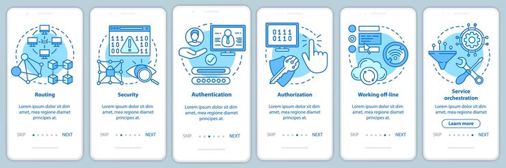 Vector 移动软件开发 移动应用程序页面屏幕向量模板 应用程序编程 带有线性插图的网站步骤 ux, ui, gui 智能手机界面概念