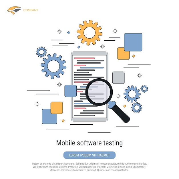 Mobile software testing flat contour style vector concept illustration