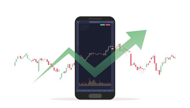 Mobile stock market trading with candlestick and graph live indicators with modern flat style