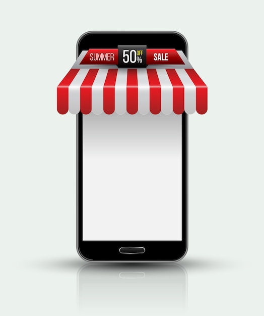 Concetto di mobile store con tenda da sole